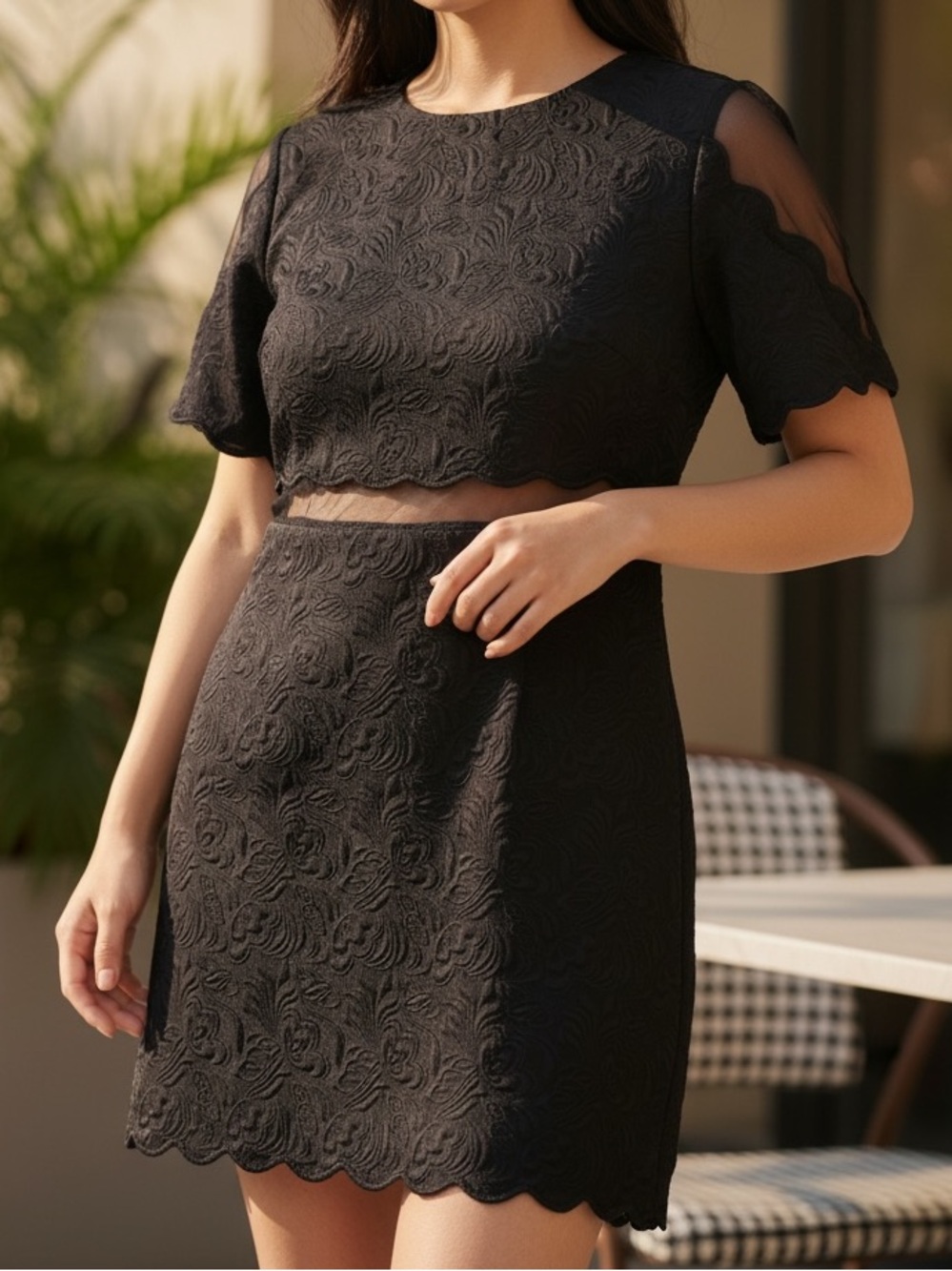 Mustard Seed Black Textured Short-Sleeve Mini Dress with Sheer  | Size US M